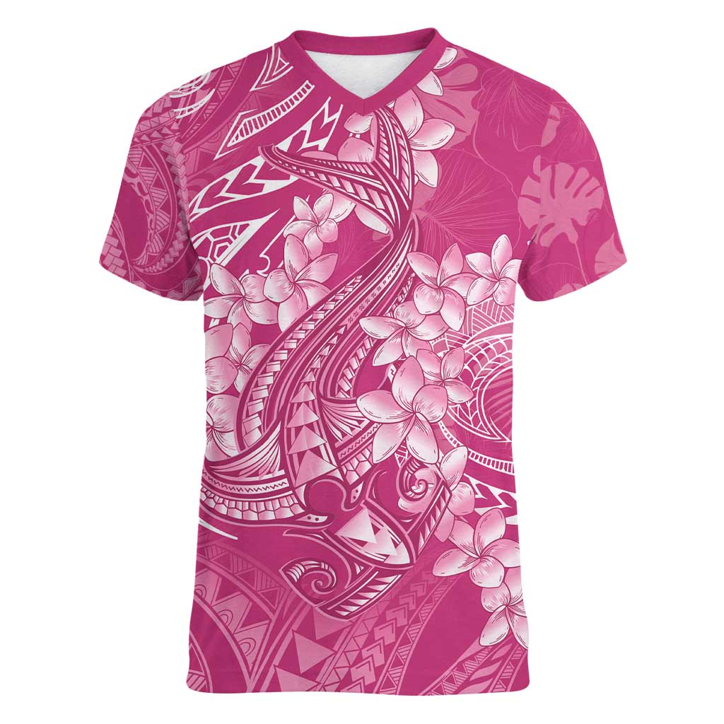 Pink Polynesia Hammerhead Shark Tattoo With Plumeria Lei Women V-Neck T-Shirt