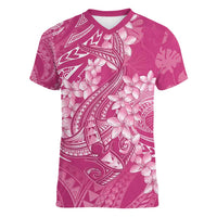 Pink Polynesia Hammerhead Shark Tattoo With Plumeria Lei Women V-Neck T-Shirt