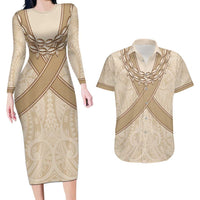 Mauri Ribaberiki Kiribati Couples Matching Long Sleeve Bodycon Dress and Hawaiian Shirt Cowrie Shells Lei Palm Leaf Weaving