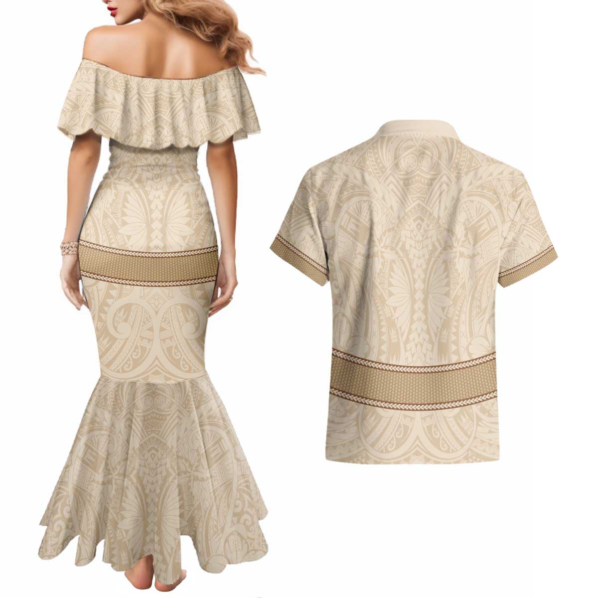 Mauri Ribaberiki Kiribati Couples Matching Mermaid Dress and Hawaiian Shirt Cowrie Shells Lei Palm Leaf Weaving