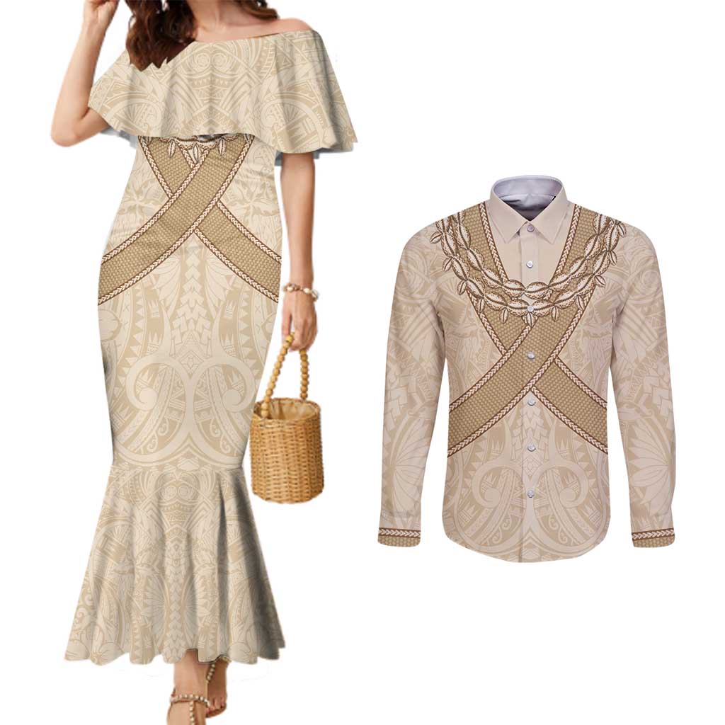 Mauri Ribaberiki Kiribati Couples Matching Mermaid Dress and Long Sleeve Button Shirt Cowrie Shells Lei Palm Leaf Weaving