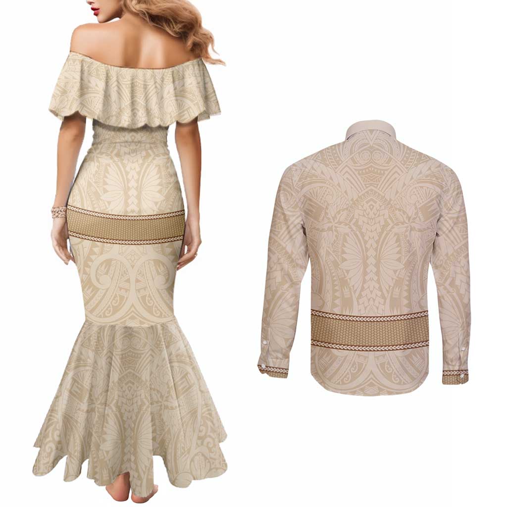 Mauri Ribaberiki Kiribati Couples Matching Mermaid Dress and Long Sleeve Button Shirt Cowrie Shells Lei Palm Leaf Weaving