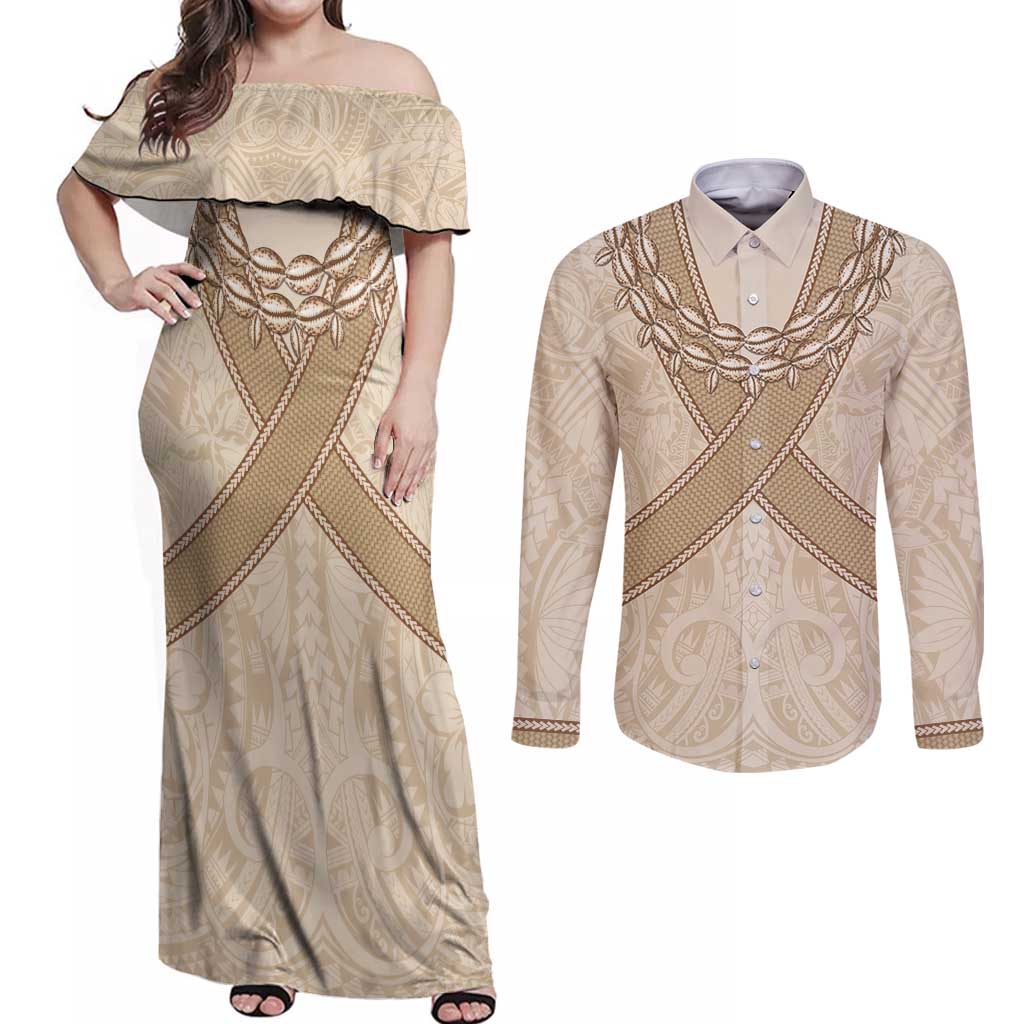 Mauri Ribaberiki Kiribati Couples Matching Off Shoulder Maxi Dress and Long Sleeve Button Shirt Cowrie Shells Lei Palm Leaf Weaving