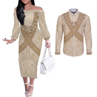 Mauri Ribaberiki Kiribati Couples Matching Off The Shoulder Long Sleeve Dress and Long Sleeve Button Shirt Cowrie Shells Lei Palm Leaf Weaving