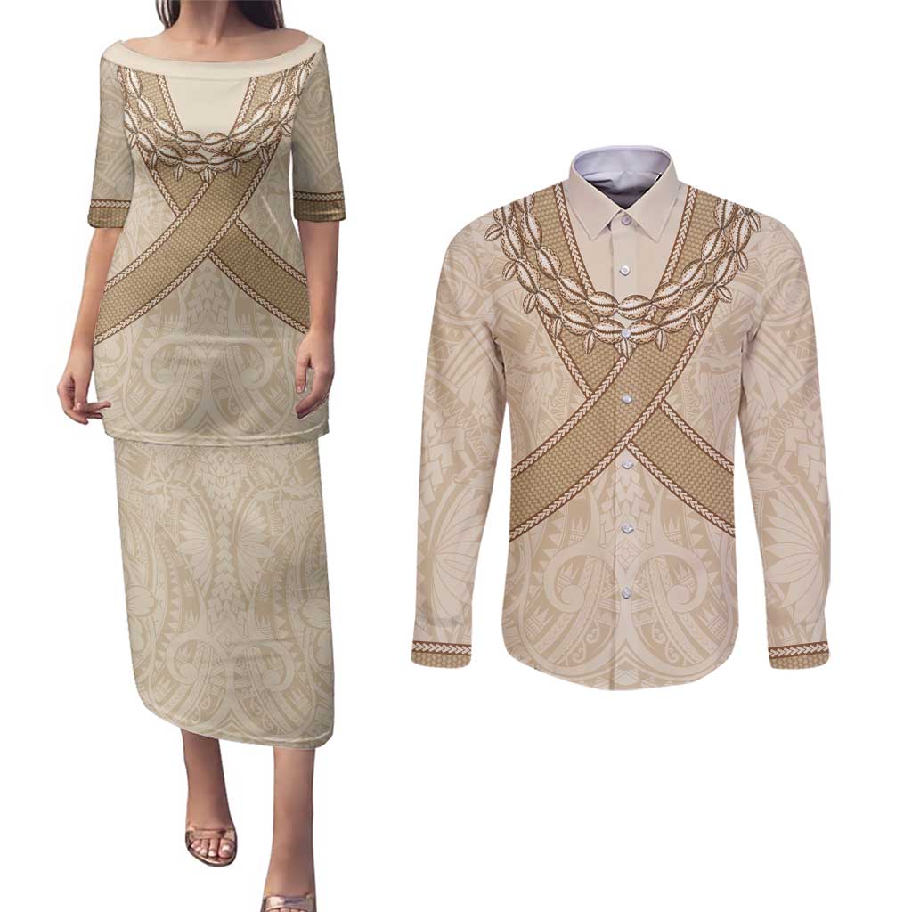 Mauri Ribaberiki Kiribati Couples Matching Puletasi and Long Sleeve Button Shirt Cowrie Shells Lei Palm Leaf Weaving