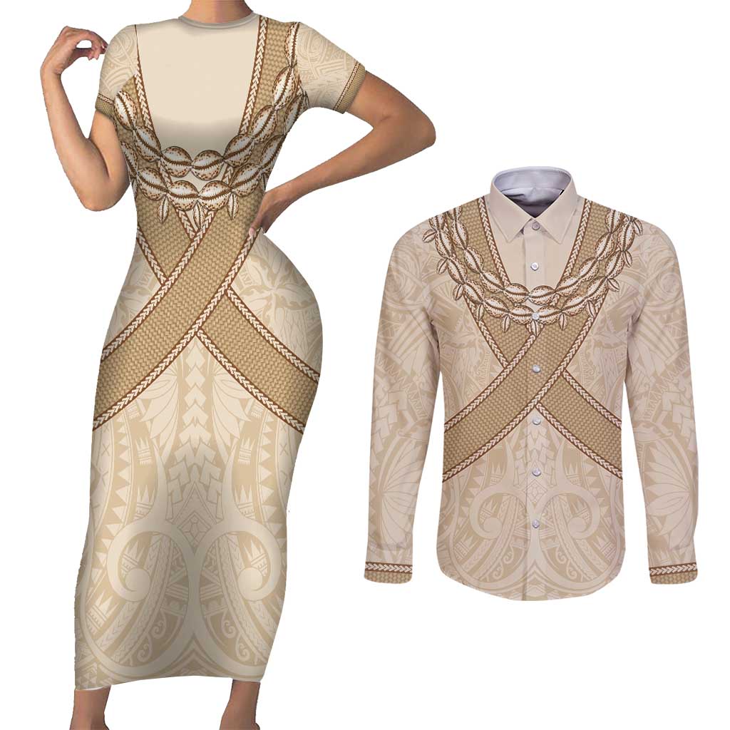 Mauri Ribaberiki Kiribati Couples Matching Short Sleeve Bodycon Dress and Long Sleeve Button Shirt Cowrie Shells Lei Palm Leaf Weaving