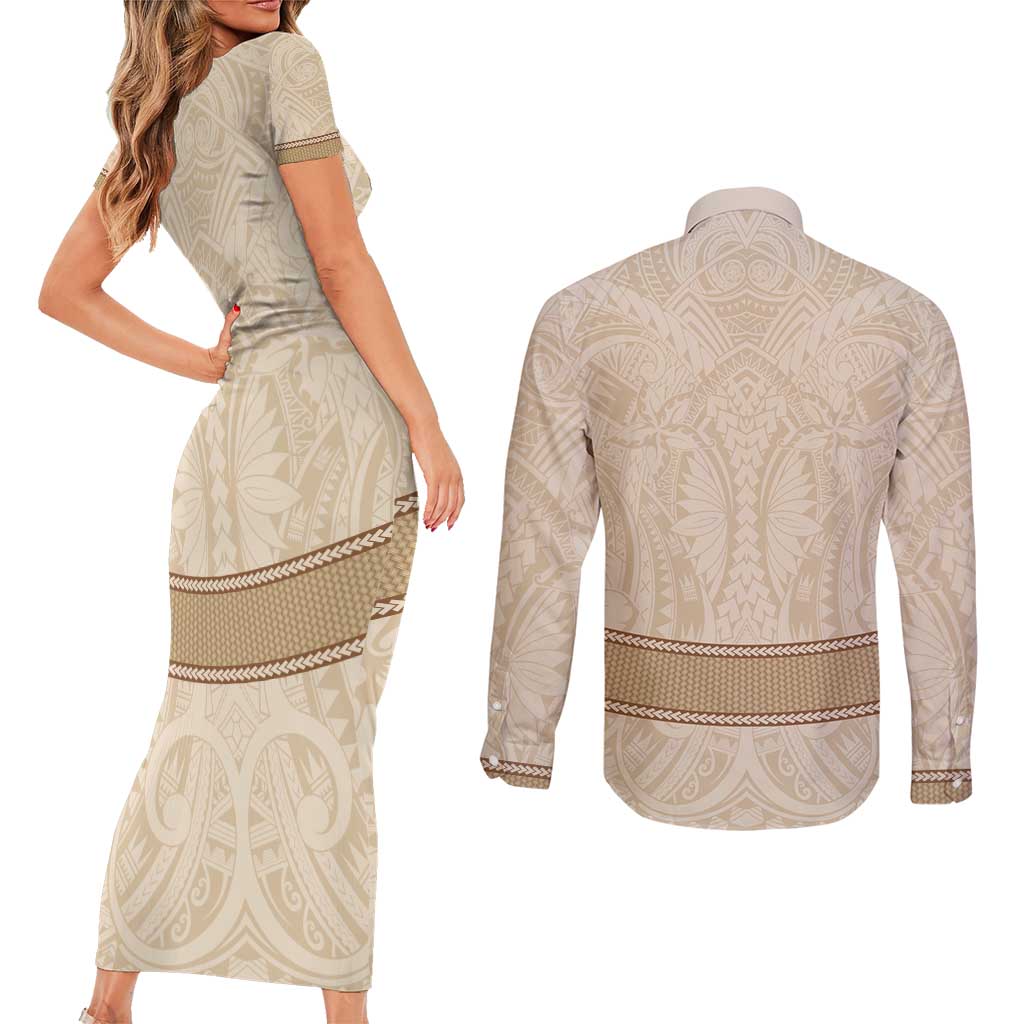 Mauri Ribaberiki Kiribati Couples Matching Short Sleeve Bodycon Dress and Long Sleeve Button Shirt Cowrie Shells Lei Palm Leaf Weaving