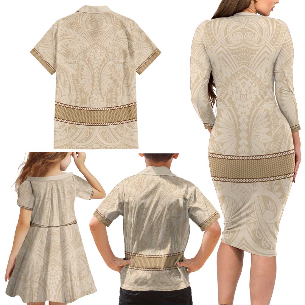 Mauri Ribaberiki Kiribati Family Matching Long Sleeve Bodycon Dress and Hawaiian Shirt Cowrie Shells Lei Palm Leaf Weaving