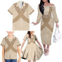 Mauri Ribaberiki Kiribati Family Matching Off The Shoulder Long Sleeve Dress and Hawaiian Shirt Cowrie Shells Lei Palm Leaf Weaving