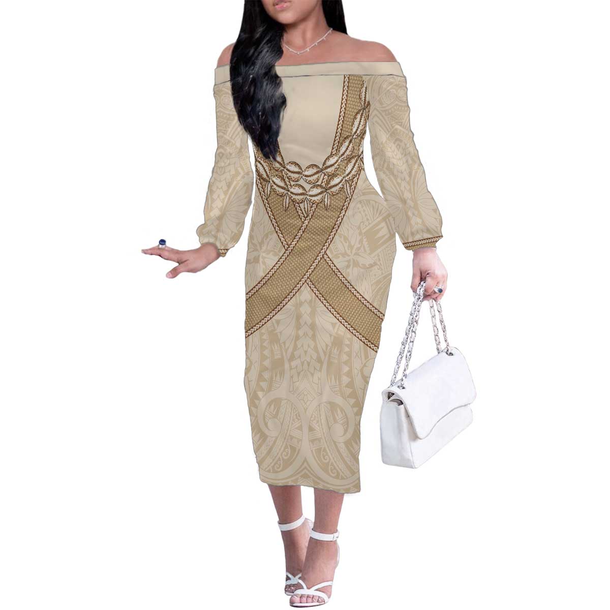 Mauri Ribaberiki Kiribati Family Matching Off The Shoulder Long Sleeve Dress and Hawaiian Shirt Cowrie Shells Lei Palm Leaf Weaving