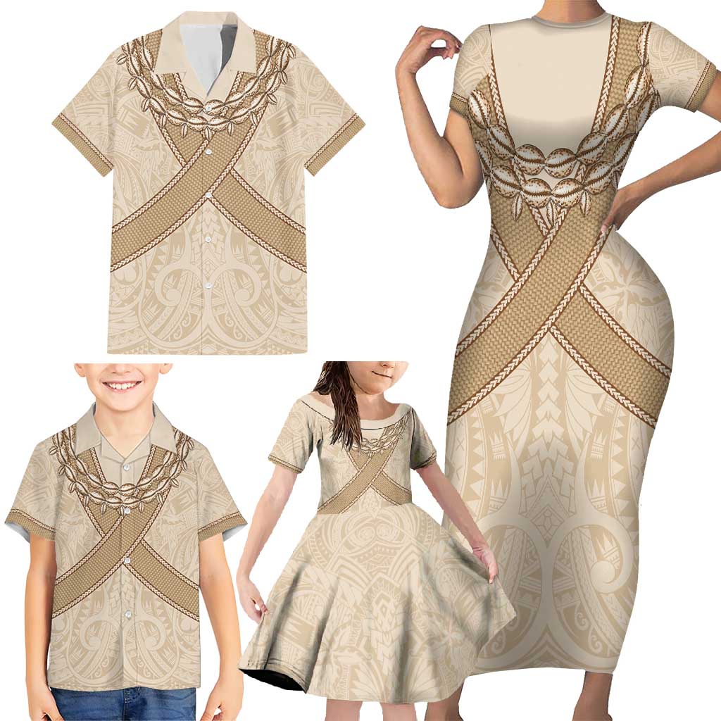 Mauri Ribaberiki Kiribati Family Matching Short Sleeve Bodycon Dress and Hawaiian Shirt Cowrie Shells Lei Palm Leaf Weaving