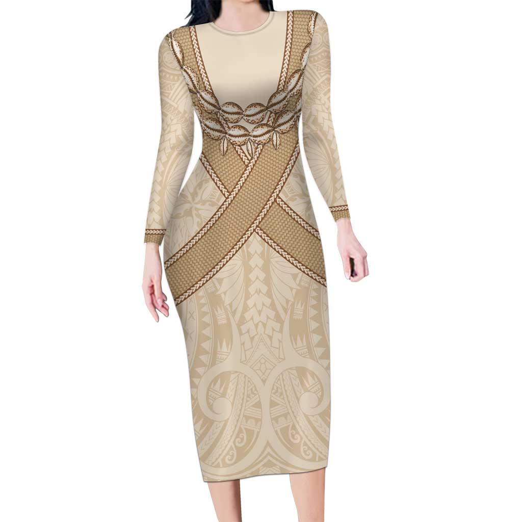 Mauri Ribaberiki Kiribati Long Sleeve Bodycon Dress Cowrie Shells Lei Palm Leaf Weaving