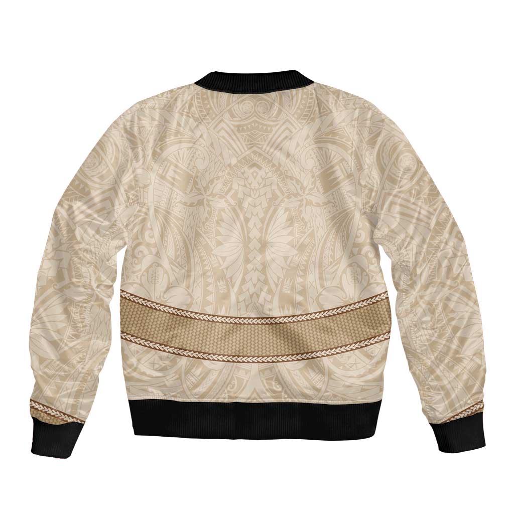 Mauri Ribaberiki Kiribati Sleeve Zip Bomber Jacket Cowrie Shells Lei Palm Leaf Weaving