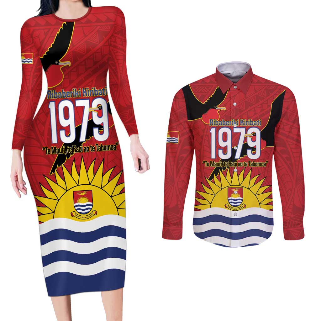 Mauri Kiribati Independence Day Couples Matching Long Sleeve Bodycon Dress and Long Sleeve Button Shirt 1979 Proud National Frigatebird