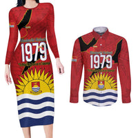 Mauri Kiribati Independence Day Couples Matching Long Sleeve Bodycon Dress and Long Sleeve Button Shirt 1979 Proud National Frigatebird