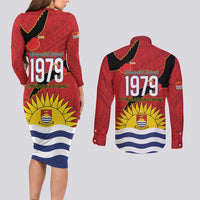 Mauri Kiribati Independence Day Couples Matching Long Sleeve Bodycon Dress and Long Sleeve Button Shirt 1979 Proud National Frigatebird