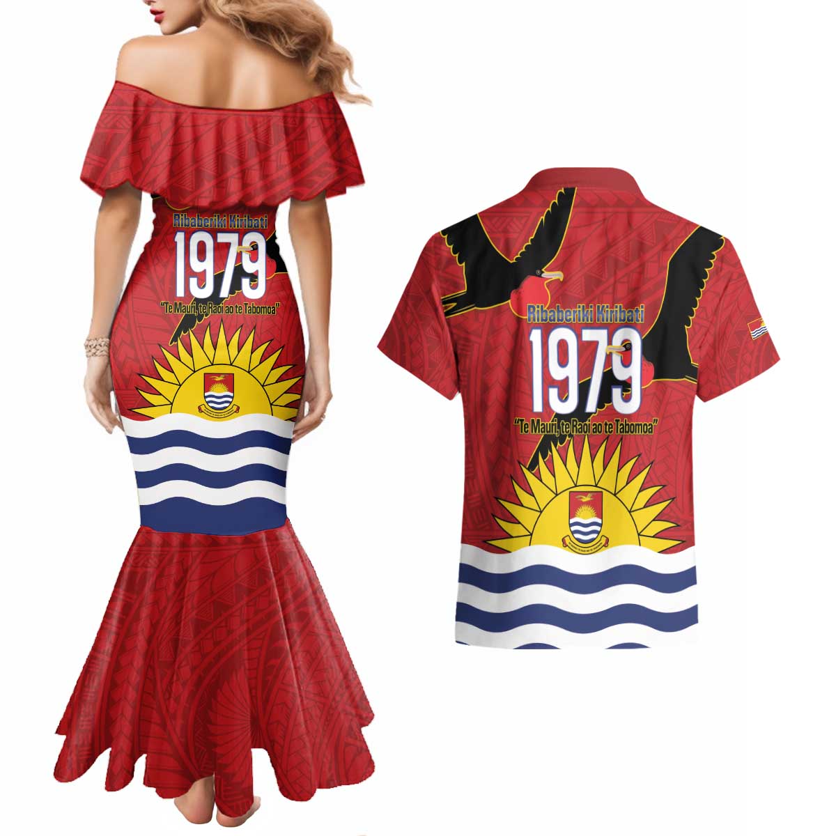 Mauri Kiribati Independence Day Couples Matching Mermaid Dress and Hawaiian Shirt 1979 Proud National Frigatebird