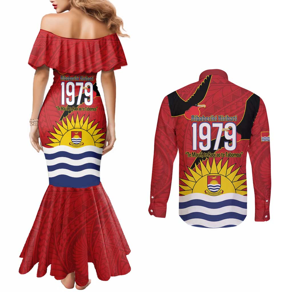 Mauri Kiribati Independence Day Couples Matching Mermaid Dress and Long Sleeve Button Shirt 1979 Proud National Frigatebird