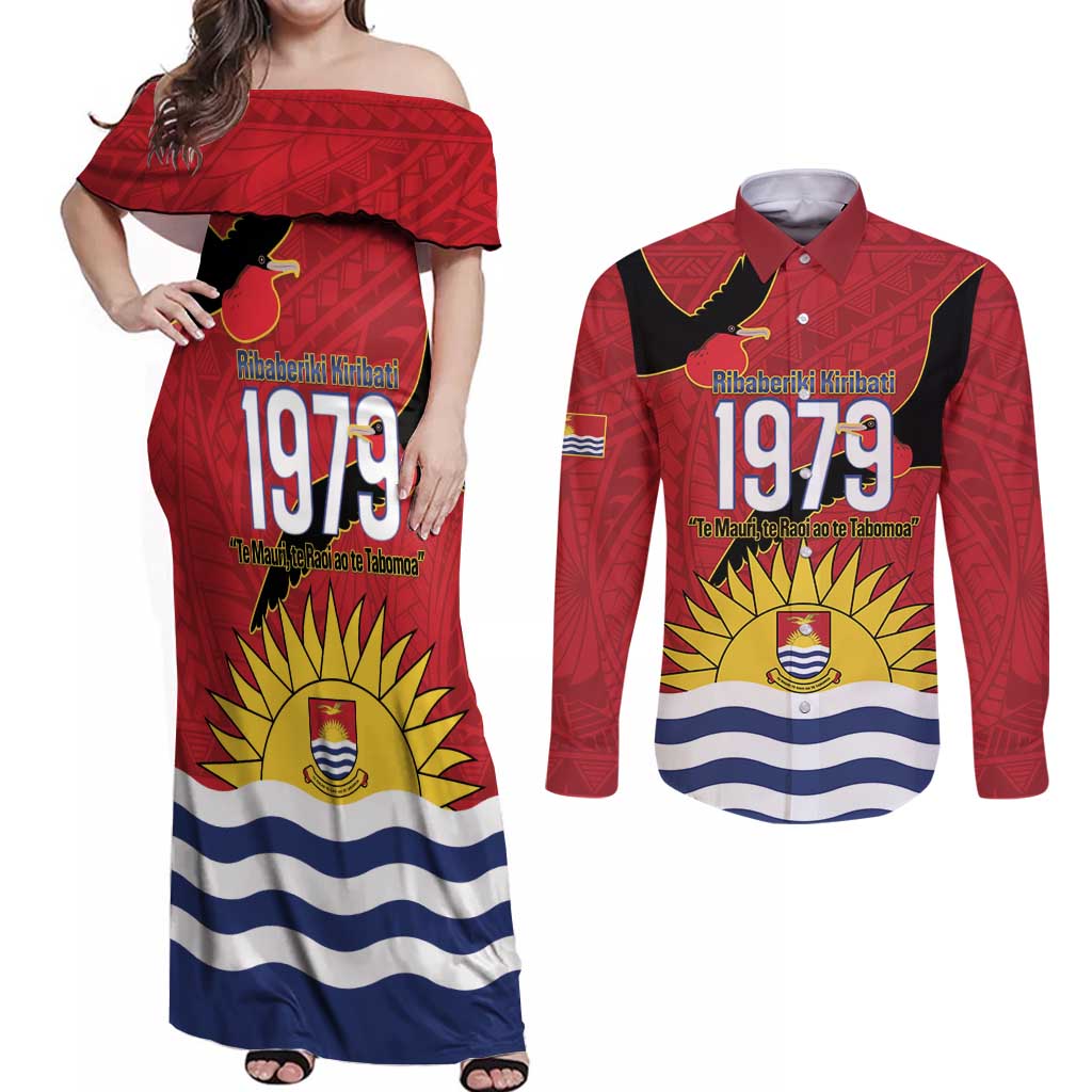Mauri Kiribati Independence Day Couples Matching Off Shoulder Maxi Dress and Long Sleeve Button Shirt 1979 Proud National Frigatebird