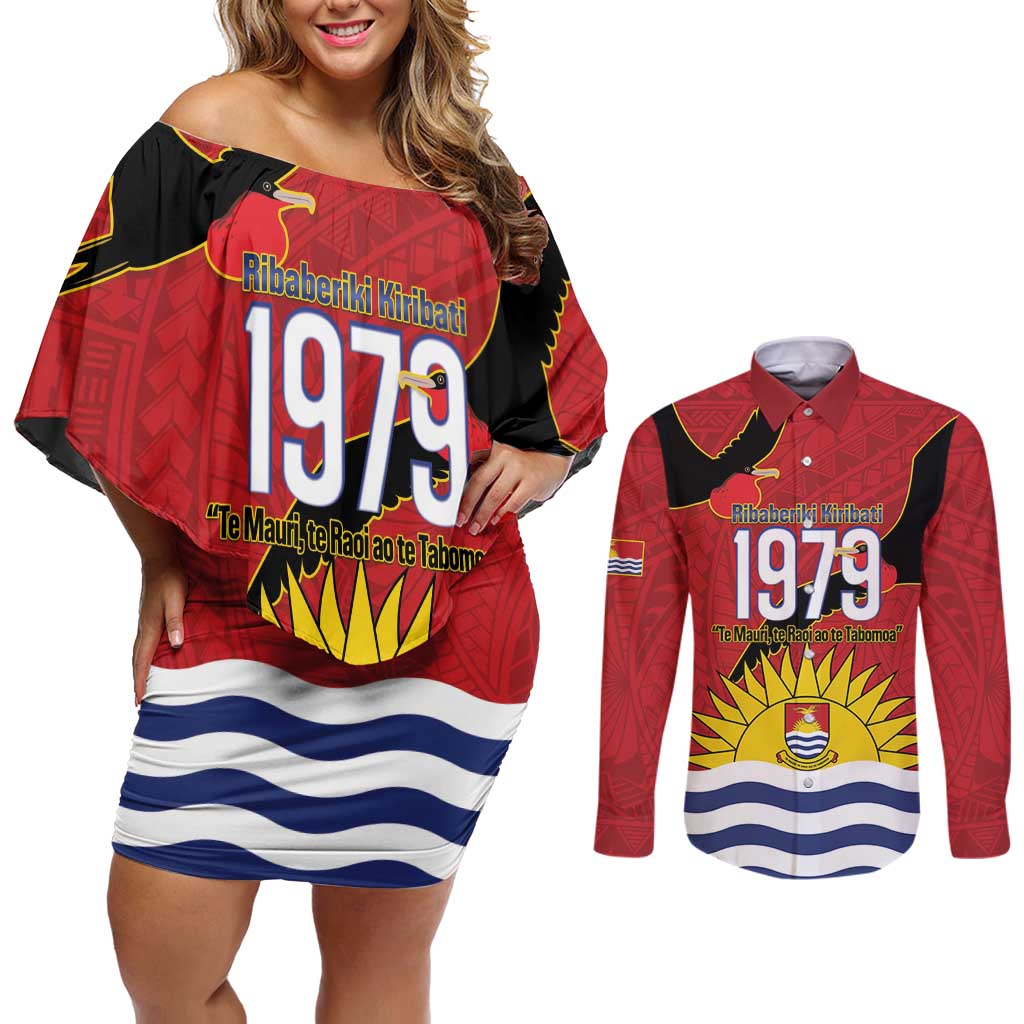 Mauri Kiribati Independence Day Couples Matching Off Shoulder Short Dress and Long Sleeve Button Shirt 1979 Proud National Frigatebird