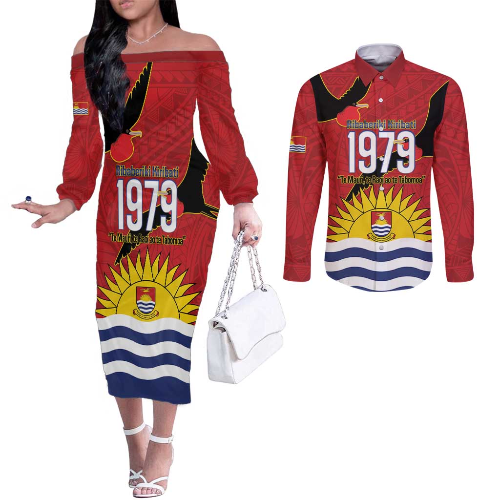Mauri Kiribati Independence Day Couples Matching Off The Shoulder Long Sleeve Dress and Long Sleeve Button Shirt 1979 Proud National Frigatebird