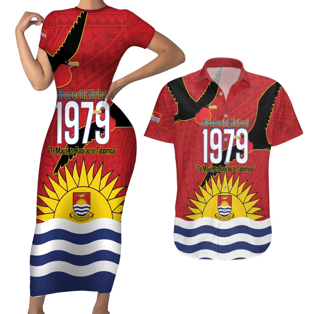 Mauri Kiribati Independence Day Couples Matching Short Sleeve Bodycon Dress and Hawaiian Shirt 1979 Proud National Frigatebird