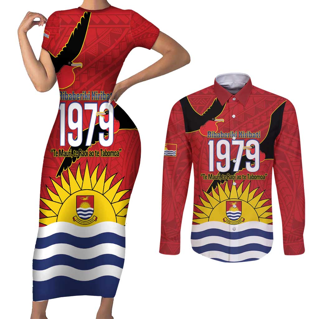 Mauri Kiribati Independence Day Couples Matching Short Sleeve Bodycon Dress and Long Sleeve Button Shirt 1979 Proud National Frigatebird
