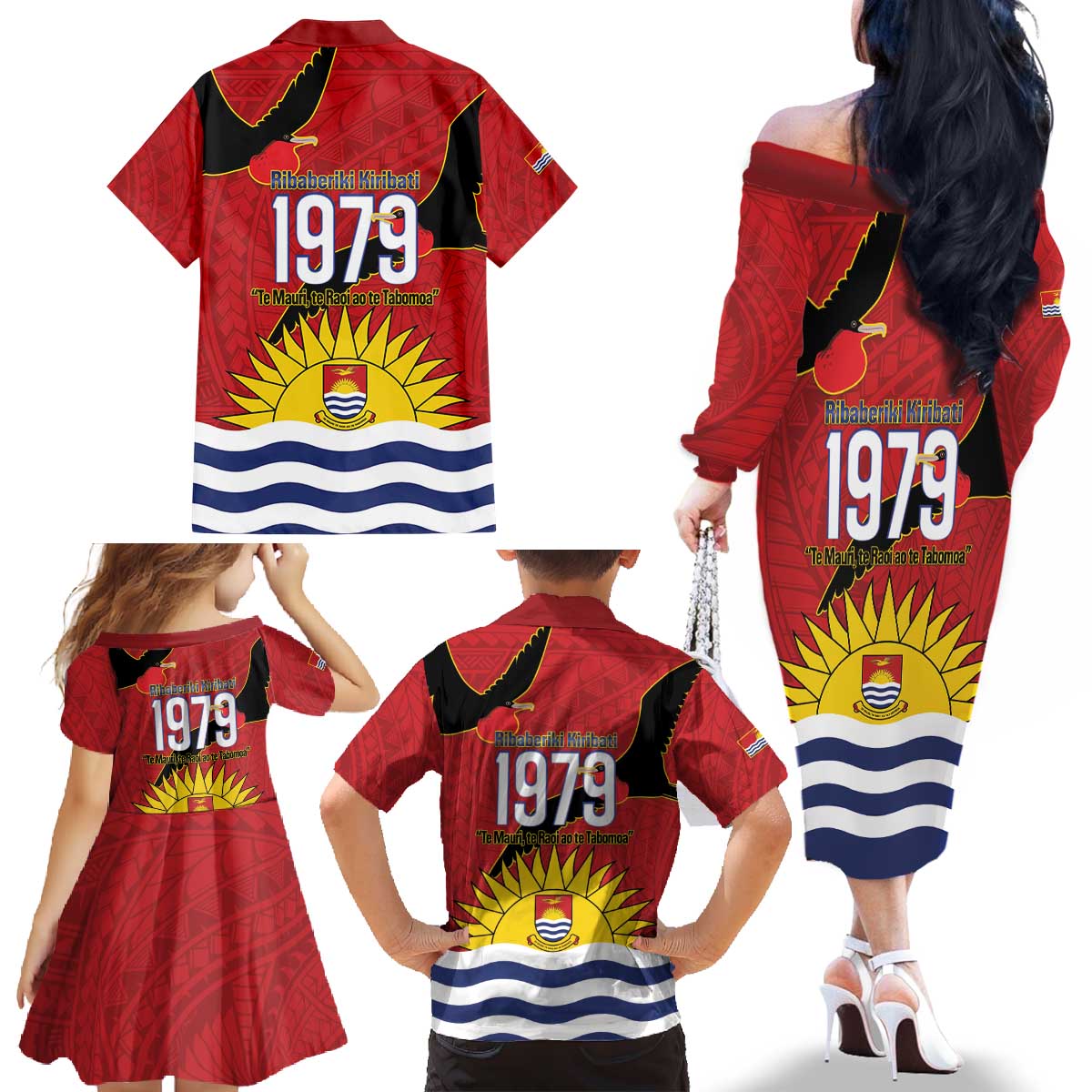 Mauri Kiribati Independence Day Family Matching Off The Shoulder Long Sleeve Dress and Hawaiian Shirt 1979 Proud National Frigatebird