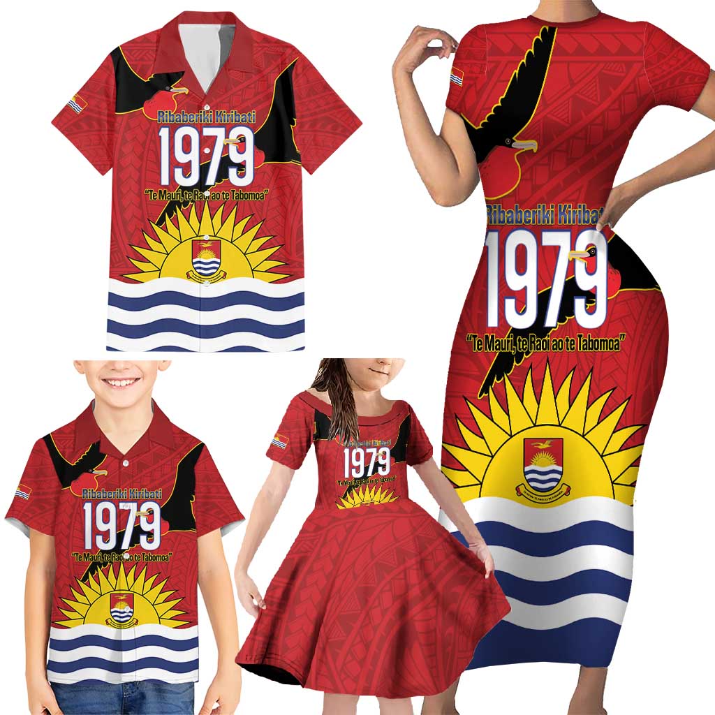 Mauri Kiribati Independence Day Family Matching Short Sleeve Bodycon Dress and Hawaiian Shirt 1979 Proud National Frigatebird
