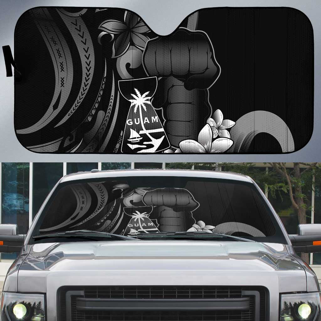 Black Hafa Adai Guam Auto Sun Shade Chamorro Latte Stone Hand With Plumeria - Polynesian Pride