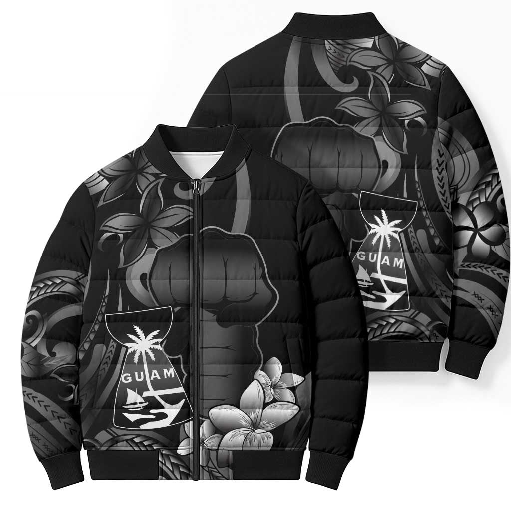 Black Hafa Adai Guam Bomber Puffer Jacket Chamorro Latte Stone Hand With Plumeria - Polynesian Pride