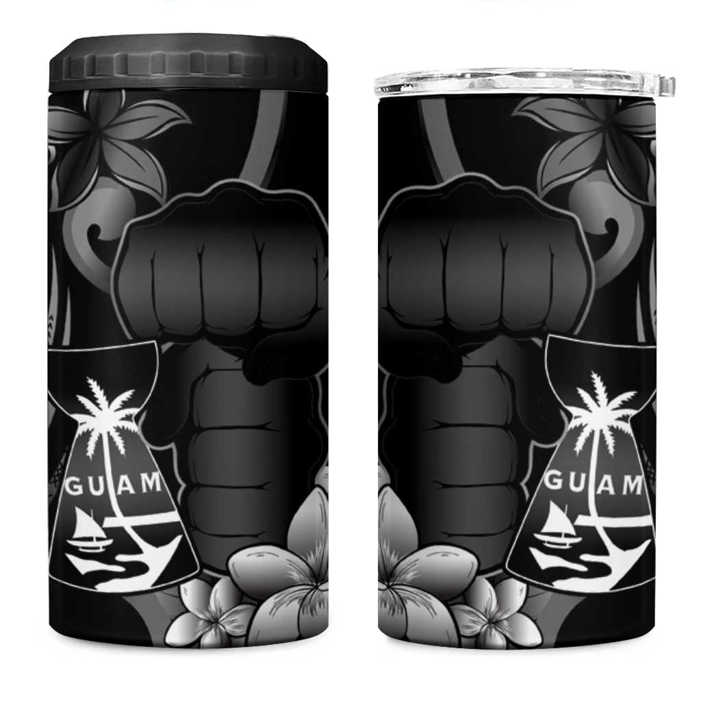 Black Hafa Adai Guam 4 in 1 Can Cooler Tumbler Chamorro Latte Stone Hand With Plumeria