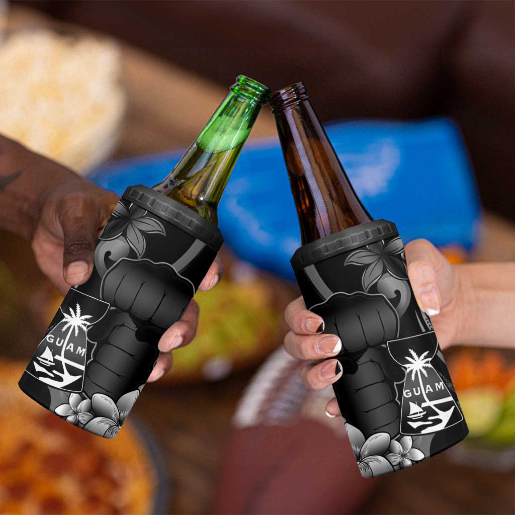 Black Hafa Adai Guam 4 in 1 Can Cooler Tumbler Chamorro Latte Stone Hand With Plumeria