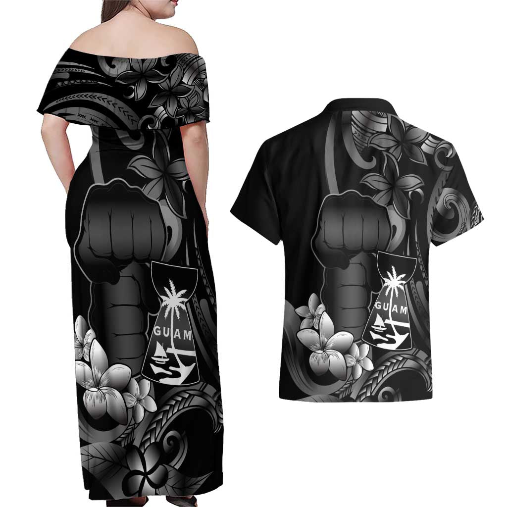 Black Hafa Adai Guam Couples Matching Off Shoulder Maxi Dress and Hawaiian Shirt Chamorro Latte Stone Hand With Plumeria
