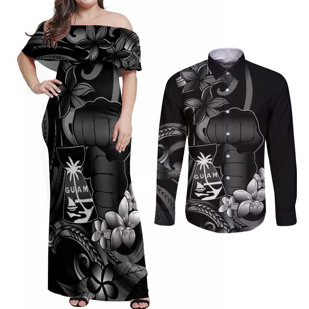 Black Hafa Adai Guam Couples Matching Off Shoulder Maxi Dress and Long Sleeve Button Shirt Chamorro Latte Stone Hand With Plumeria