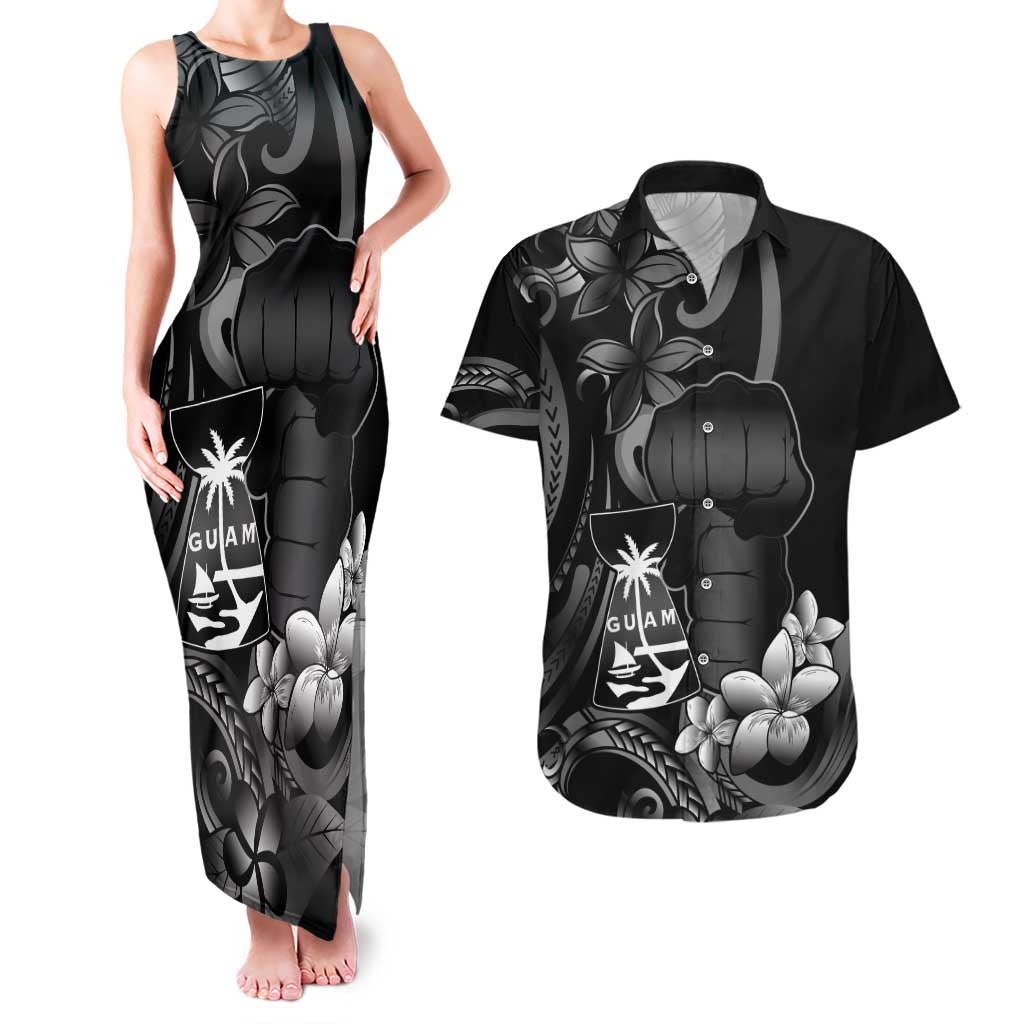 Black Hafa Adai Guam Couples Matching Tank Maxi Dress and Hawaiian Shirt Chamorro Latte Stone Hand With Plumeria