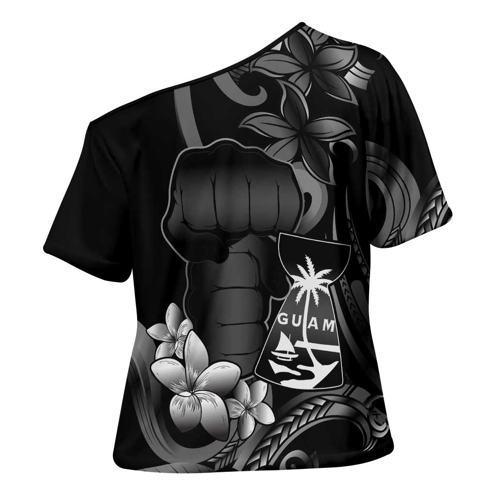 Black Hafa Adai Guam Cross Shoulder Shirt Chamorro Latte Stone Hand With Plumeria - Polynesian Pride