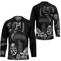 Black Hafa Adai Guam Hockey Jersey Chamorro Latte Stone Hand With Plumeria - Polynesian Pride
