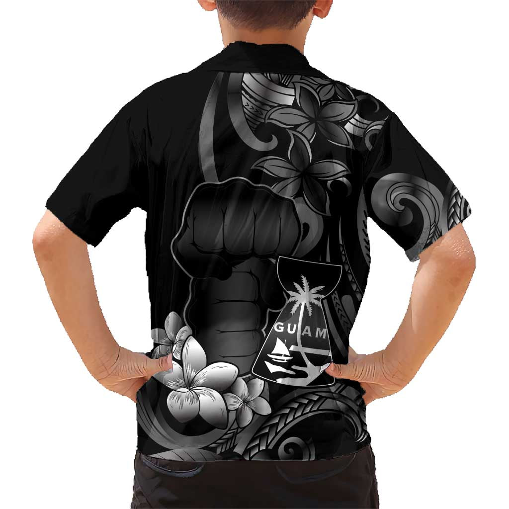 Black Hafa Adai Guam Kid Hawaiian Shirt Chamorro Latte Stone Hand With Plumeria