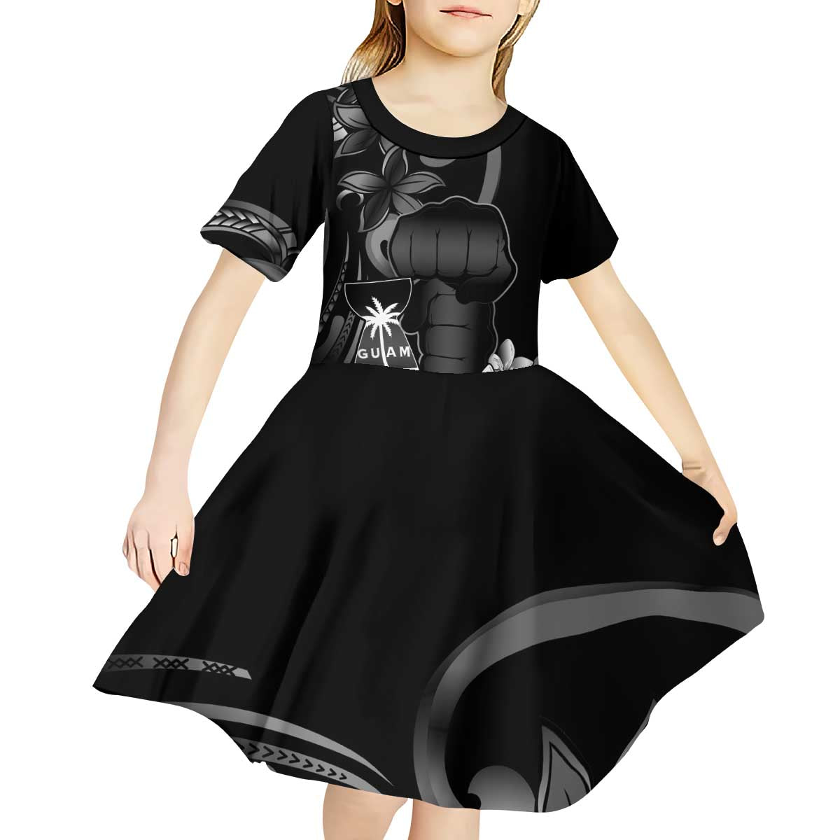 Black Hafa Adai Guam Kid Short Sleeve Dress Chamorro Latte Stone Hand With Plumeria