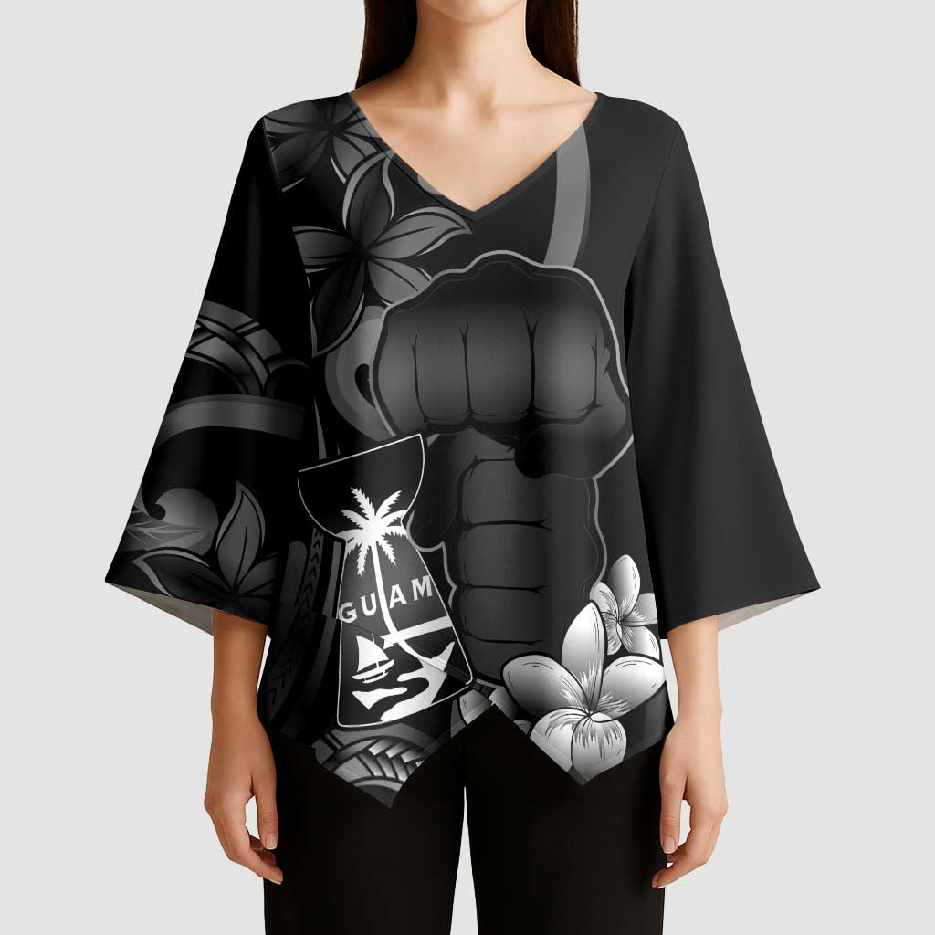 Black Hafa Adai Guam Kimono Sleeve Blouse Chamorro Latte Stone Hand With Plumeria - Polynesian Pride
