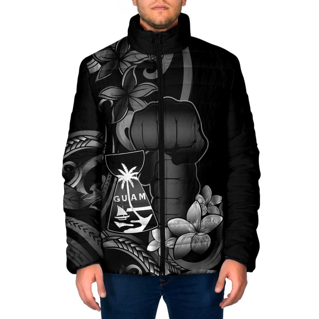 Black Hafa Adai Guam Padded Jacket Chamorro Latte Stone Hand With Plumeria - Polynesian Pride