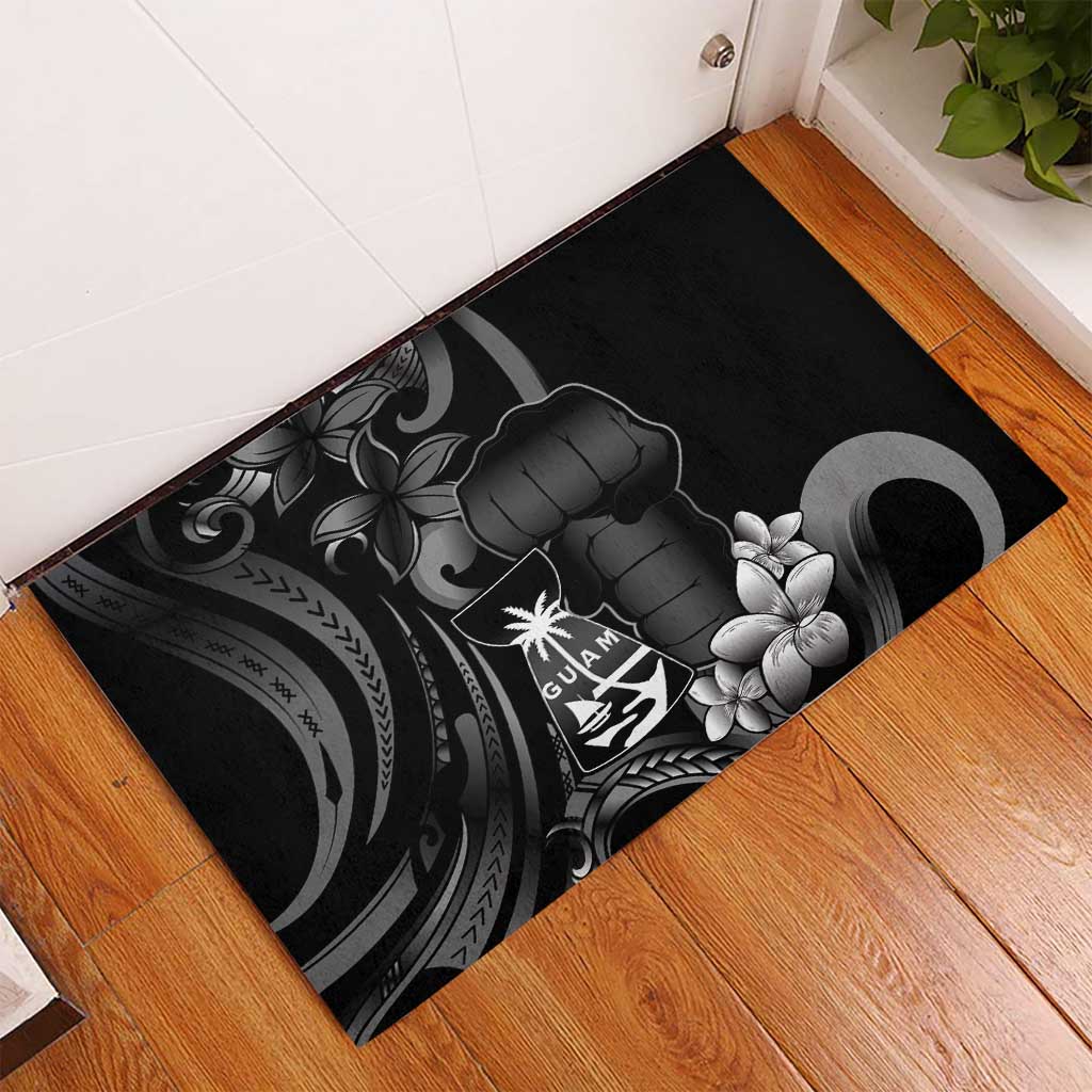 Black Hafa Adai Guam Rubber Doormat Chamorro Latte Stone Hand With Plumeria