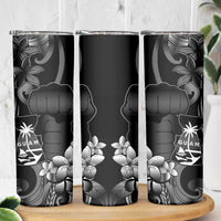 Black Hafa Adai Guam Skinny Tumbler Chamorro Latte Stone Hand With Plumeria