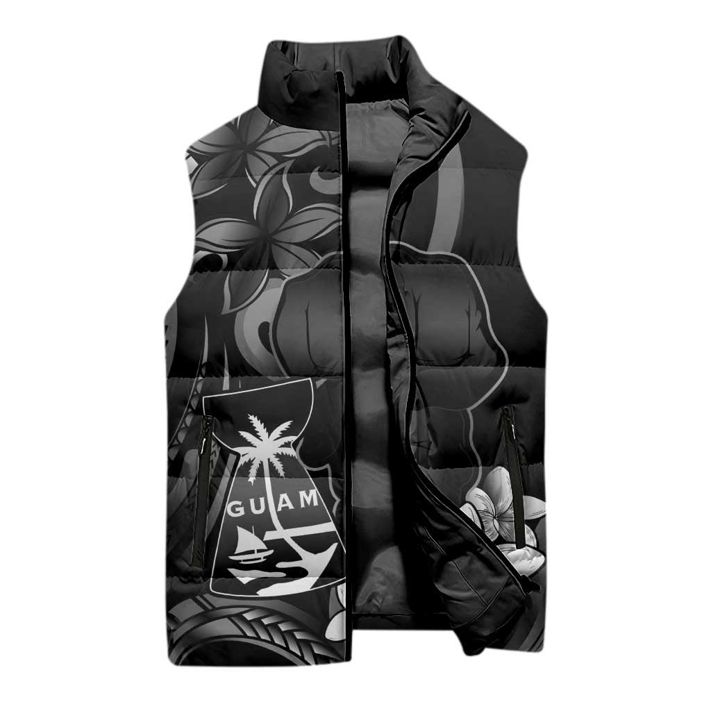 Black Hafa Adai Guam Sleeveless Puffer Jacket Chamorro Latte Stone Hand With Plumeria - Polynesian Pride