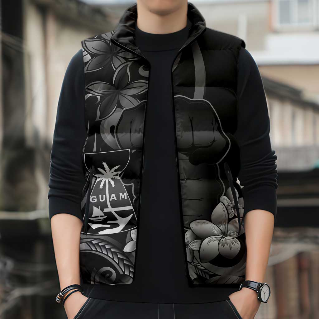Black Hafa Adai Guam Sleeveless Puffer Jacket Chamorro Latte Stone Hand With Plumeria - Polynesian Pride