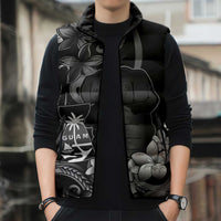 Black Hafa Adai Guam Sleeveless Puffer Jacket Chamorro Latte Stone Hand With Plumeria - Polynesian Pride