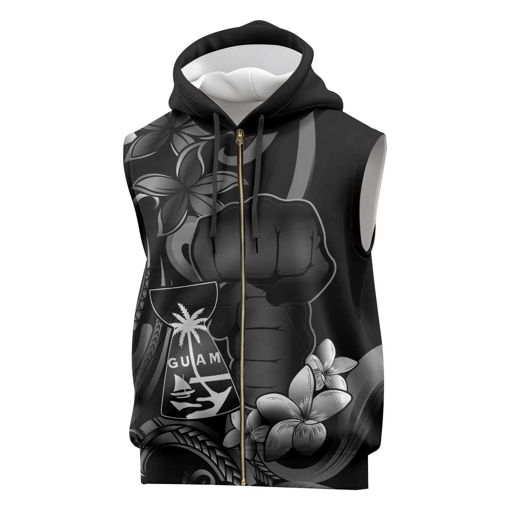 Black Hafa Adai Guam Sleeveless Zip Hoodie Chamorro Latte Stone Hand With Plumeria - Polynesian Pride