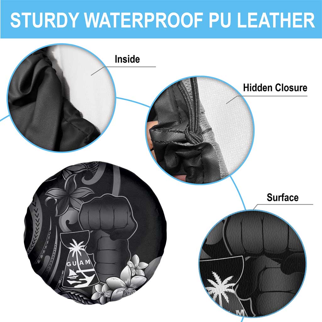 Black Hafa Adai Guam Spare Tire Cover Chamorro Latte Stone Hand With Plumeria