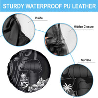 Black Hafa Adai Guam Spare Tire Cover Chamorro Latte Stone Hand With Plumeria